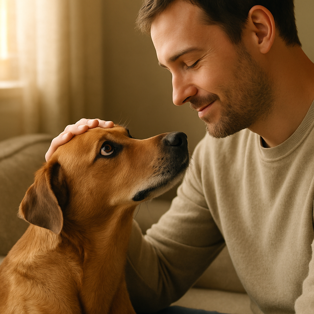 Dog and owner engaged in mutual gaze during a calm, positive interaction