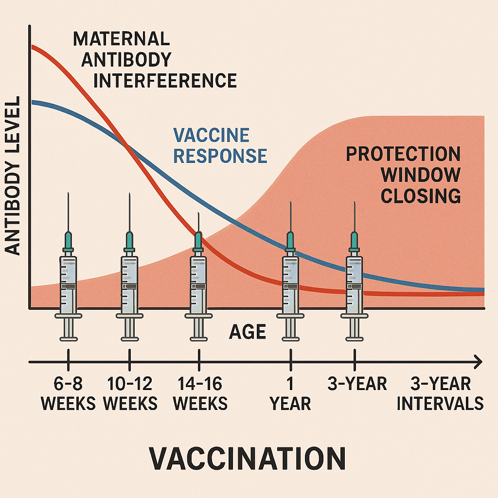 Puppy parvovirus vaccination timeline showing schedule from 6 weeks through adulthood with maternal antibody interference curve