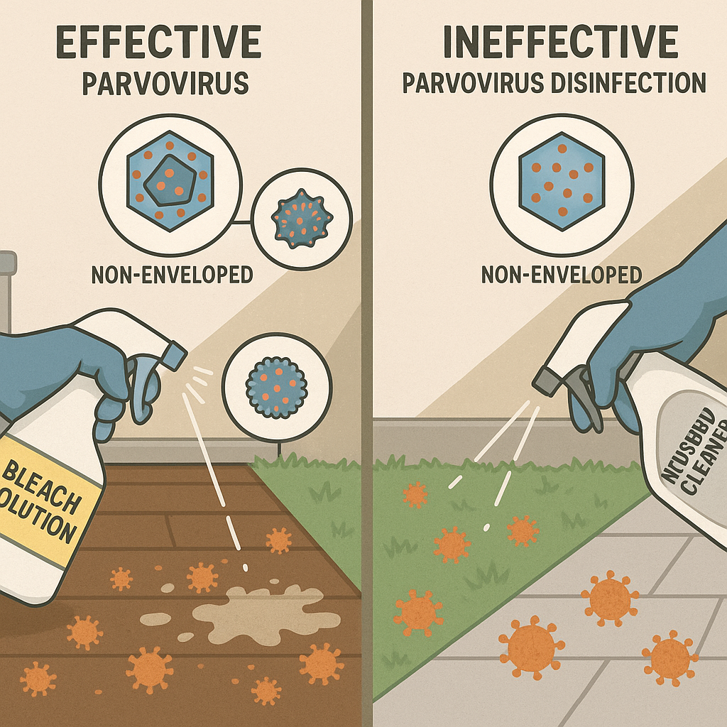 Comparison of parvovirus disinfection methods showing bleach effectiveness versus household cleaners, plus non-enveloped virus particle structure