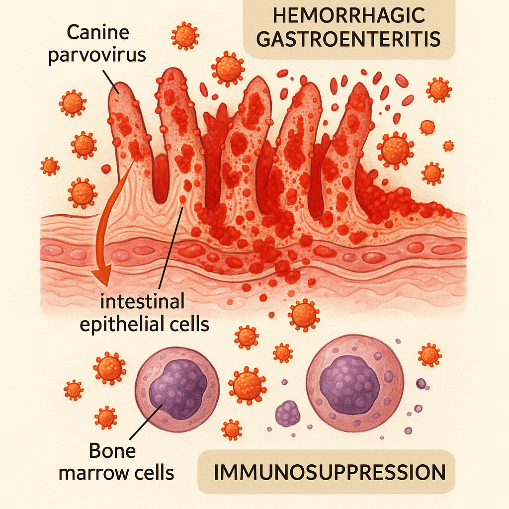 Illustration of canine parvovirus attacking intestinal epithelial cells and bone marrow cells