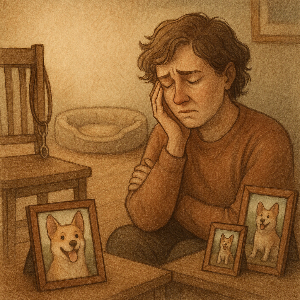 Illustration of a grieving pet owner surrounded by reminders of their lost dog, including an empty bed, leash, and photographs, representing the emotional impact of pet loss