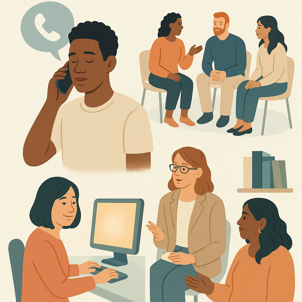 Illustration showing various pet loss support resources including hotlines, support groups, online communities, therapy, and reading materials