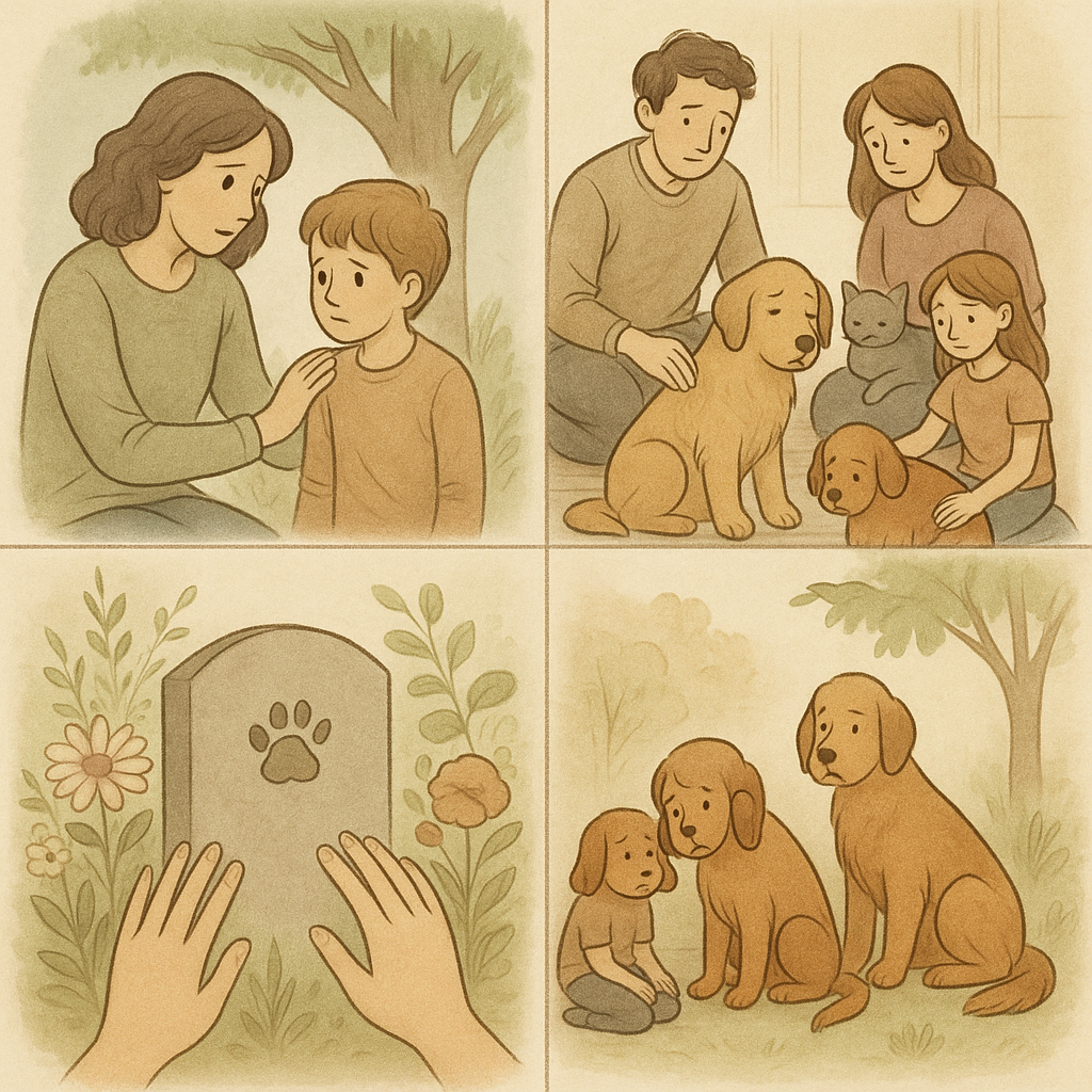 Illustration depicting special pet loss situations including children's bereavement, multi-pet households, and memorial practices