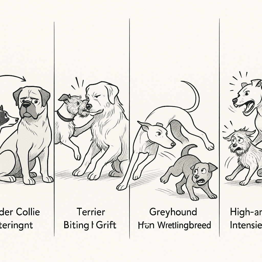 Four illustrations of mismatched dog play interactions showing conflict or discomfort: herding vs guardian, terrier vs retriever, sighthound vs wrestler, and high vs low arousal threshold dogs