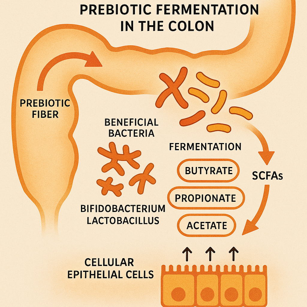 Diagram of prebiotic fermentation in the colon showing fiber breakdown, bacterial fermentation, and SCFA production benefiting intestinal cells