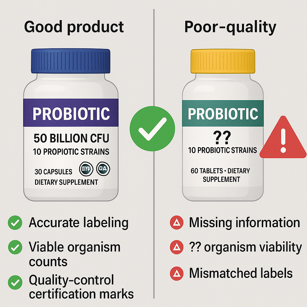 Comparison illustration of high-quality versus low-quality probiotic product labels, highlighting labeling accuracy and viable organism verification