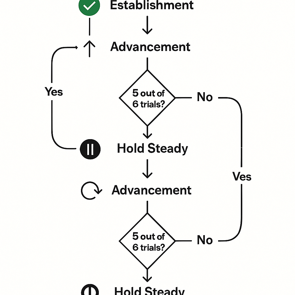 Flowchart of the 7-step proofing protocol showing decision points and progression through distraction levels