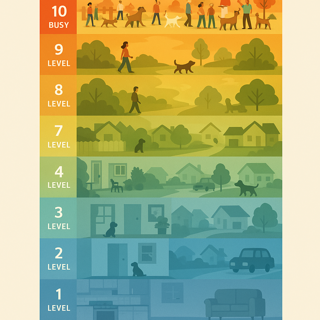 Progressive distraction hierarchy levels for dog training, showing 10 stages from quiet kitchen to busy dog park with increasing environmental distractions