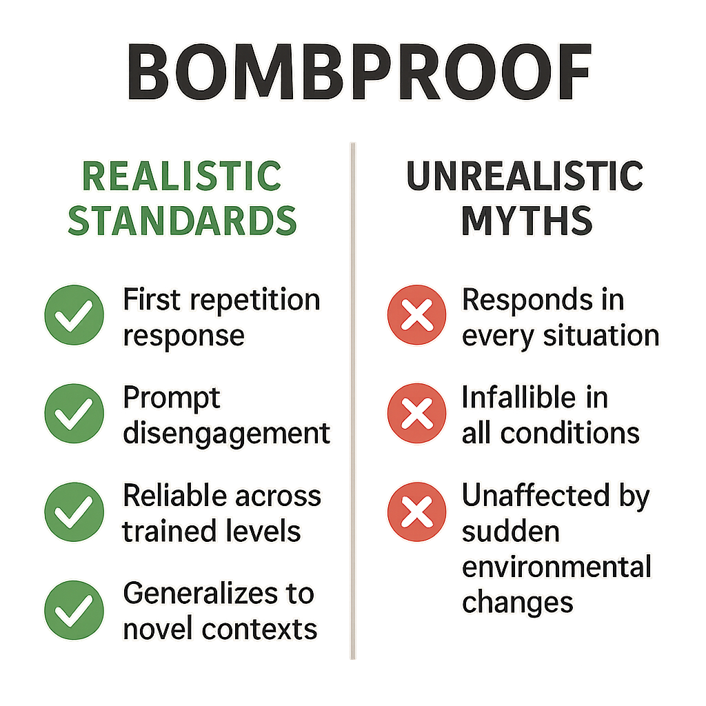 Infographic contrasting realistic definitions of bombproof dog training with common misconceptions