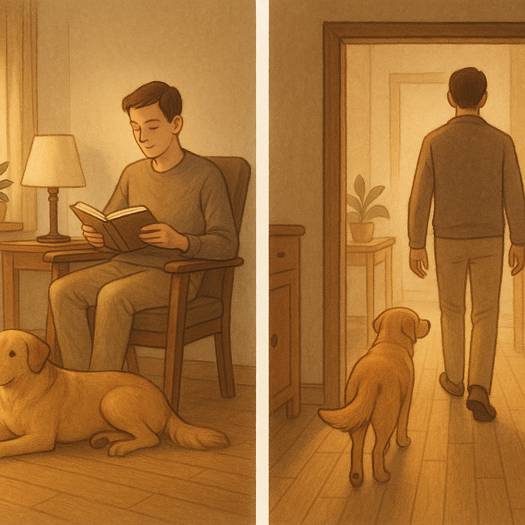 Illustration of a dog demonstrating proximity-seeking behavior by following and remaining near its owner in different rooms of a home