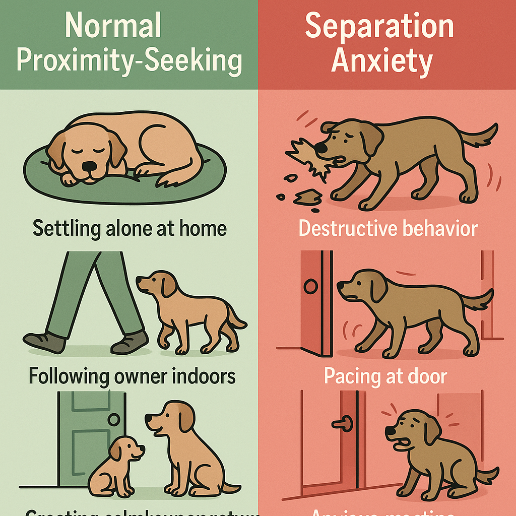 Side-by-side comparison illustration showing the behavioral differences between normal proximity-seeking and clinical separation anxiety in dogs