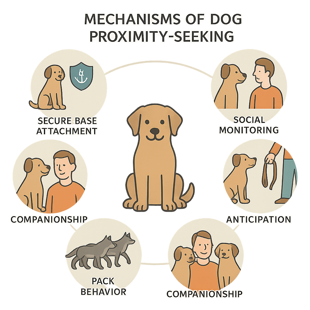 Infographic displaying six mechanisms that drive proximity-seeking behavior in dogs: secure-base attachment, social monitoring, anticipation of events, resource-association, pack behavior heritage, and companionship