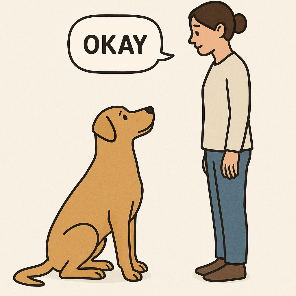 Illustration of owner giving a release cue to a sitting dog