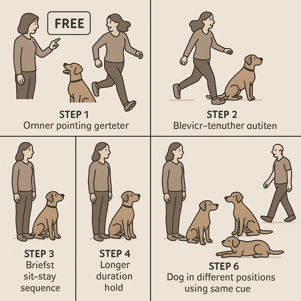 Six-step visual guide showing the progression of teaching a release cue