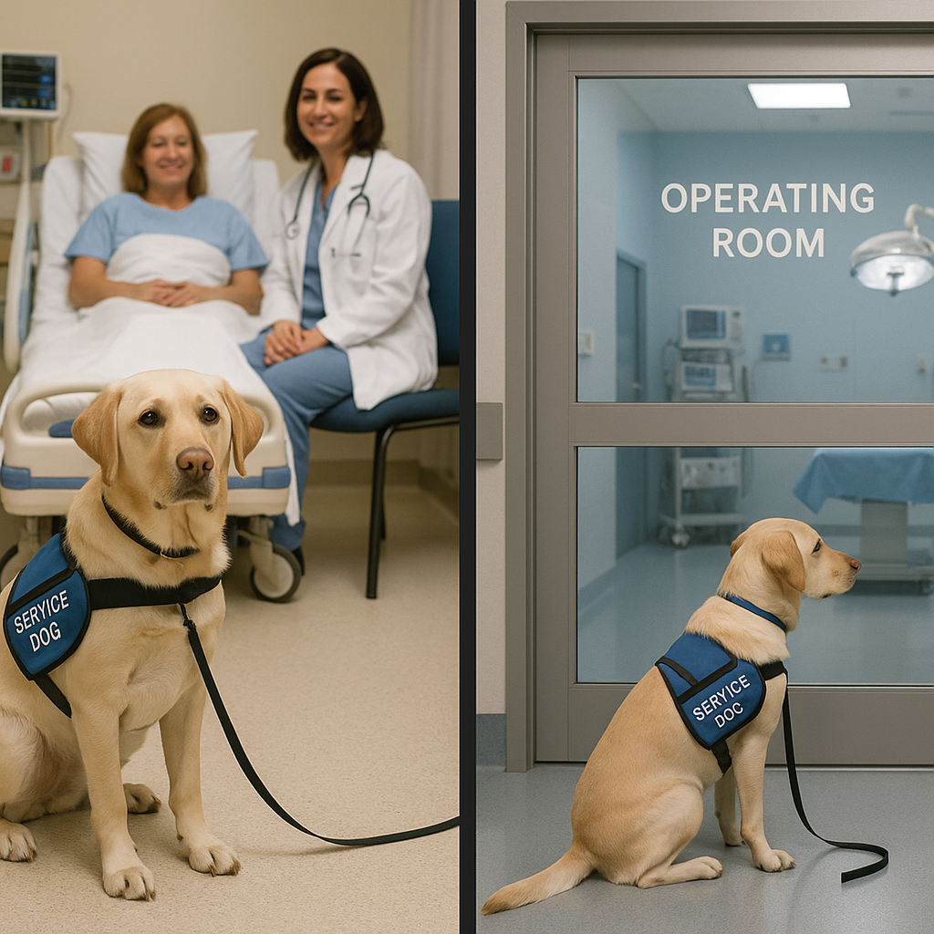 Comparison image showing service dog permitted in hospital patient areas but excluded from sterile operating rooms