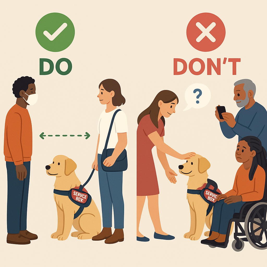 Etiquette guide showing appropriate and inappropriate interactions with service dog teams in public spaces
