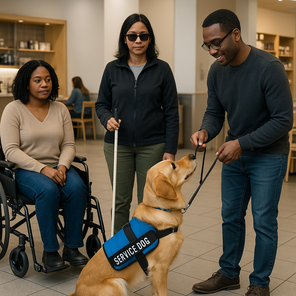 Service dog in vest accompanying handler in a public restaurant setting, demonstrating ADA public access rights
