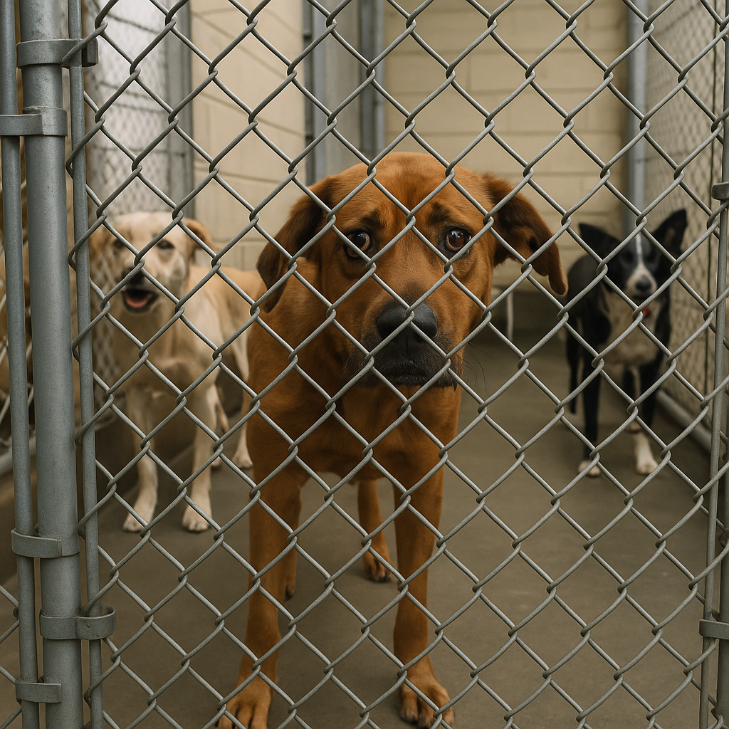 Shelter dog in kennel displaying stress from confinement and exposure to multiple other dogs