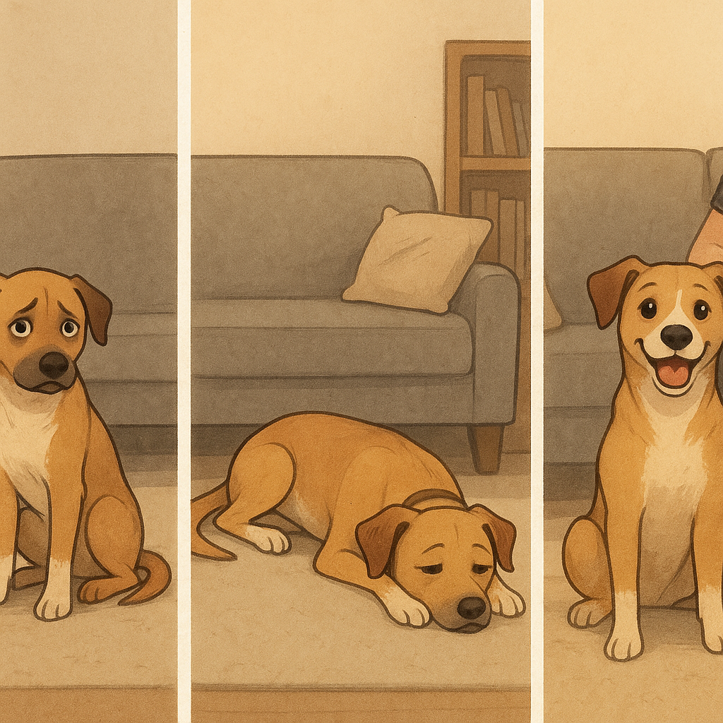 Three-stage timeline showing shelter dog decompression: overwhelmed, settling, and integrated into home