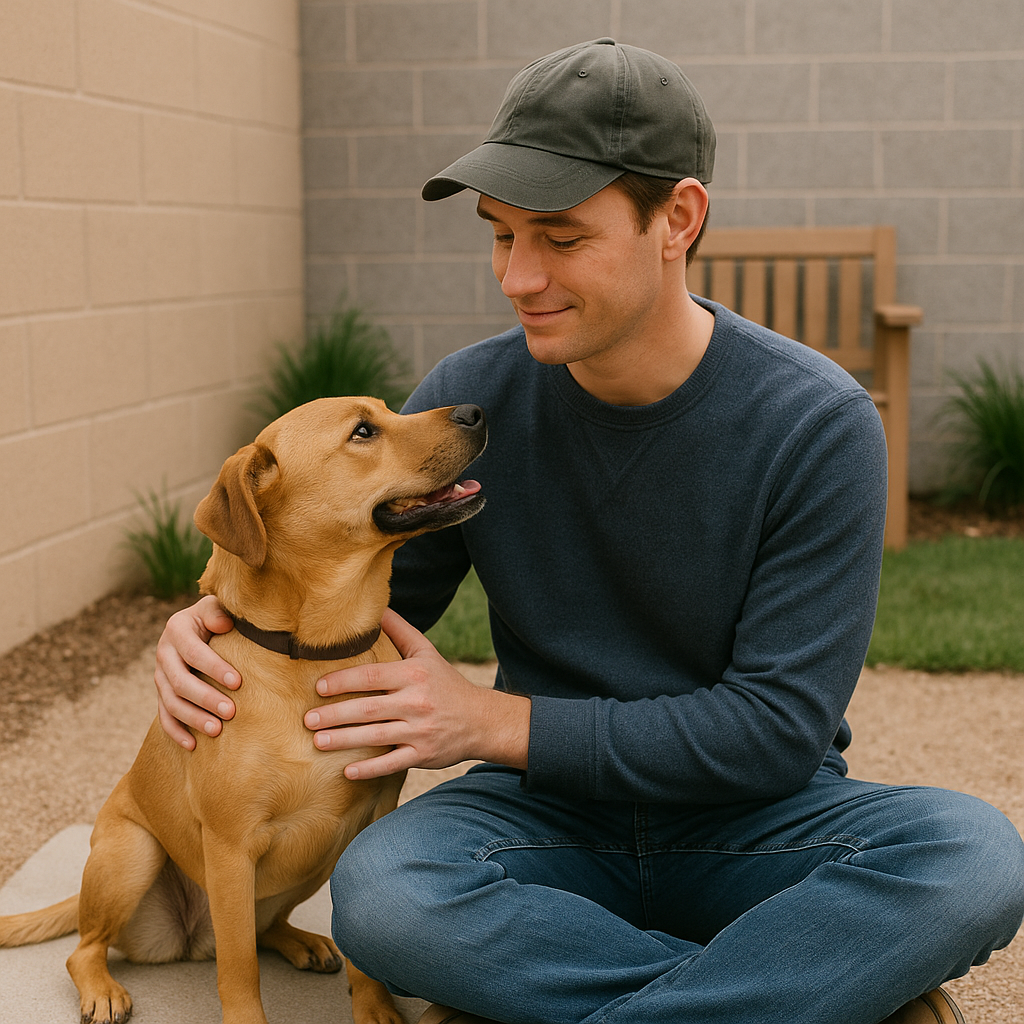 Adopter meeting with shelter dog outside kennel environment during pre-adoption assessment