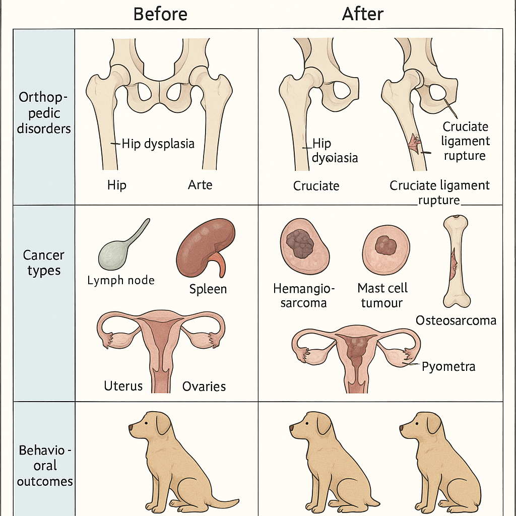 Medical diagram illustrating the four main health outcome categories measured in sterilization timing studies, showing orthopedic, cancer, reproductive, and behavioral endpoints
