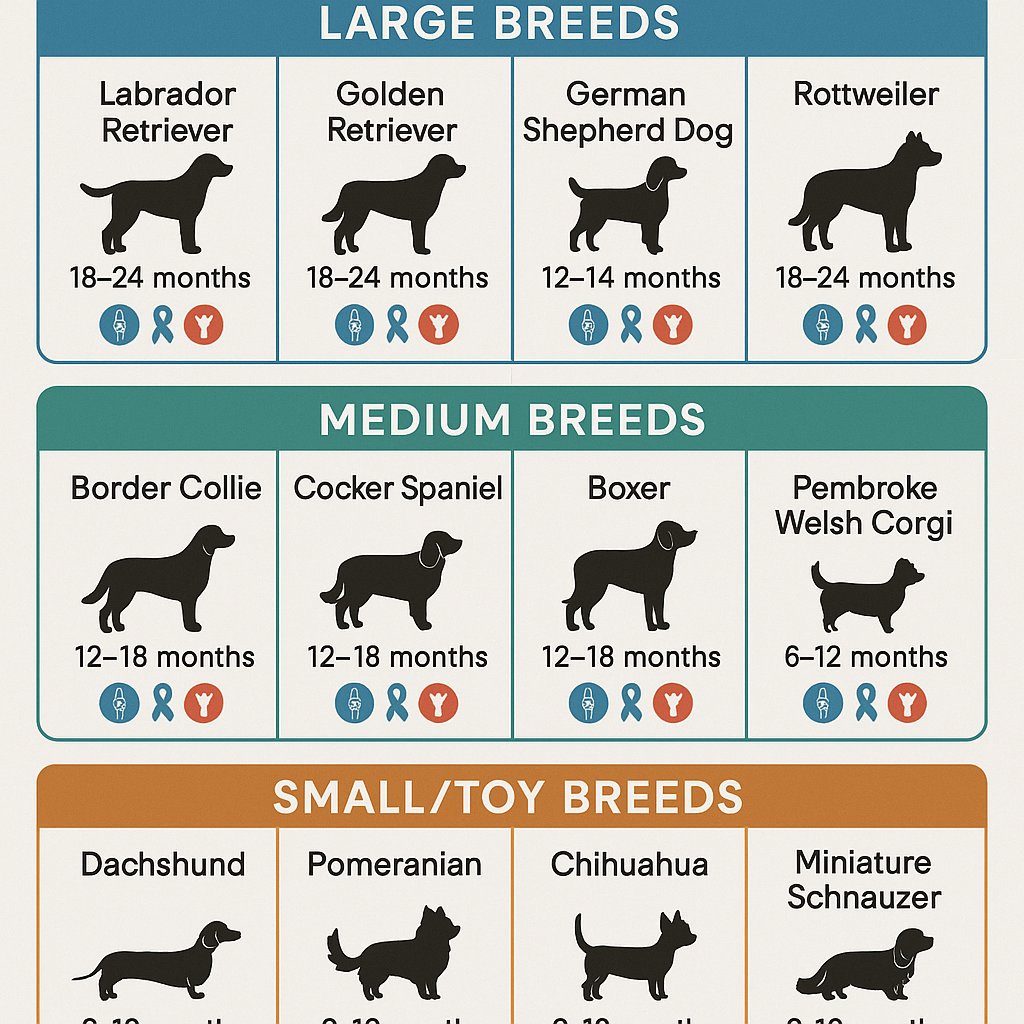 Breed-specific neutering timing recommendations organized by dog size, showing recommended ages and primary health concerns for each breed category