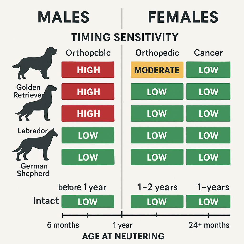 Comparison chart showing breed and sex-specific timing sensitivity for sterilization outcomes, with males showing higher sensitivity than females in larger breeds