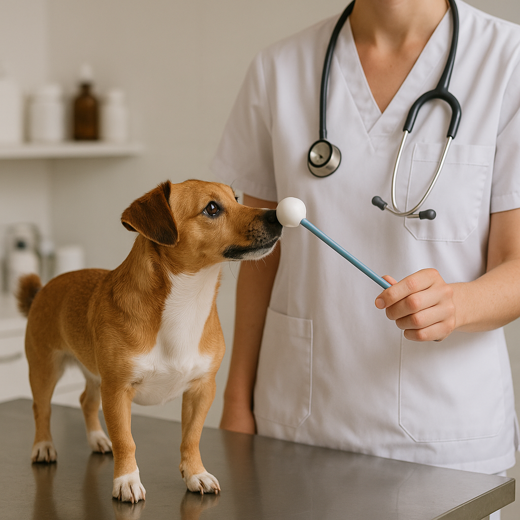 Dog using nose target on examination table during veterinary visit