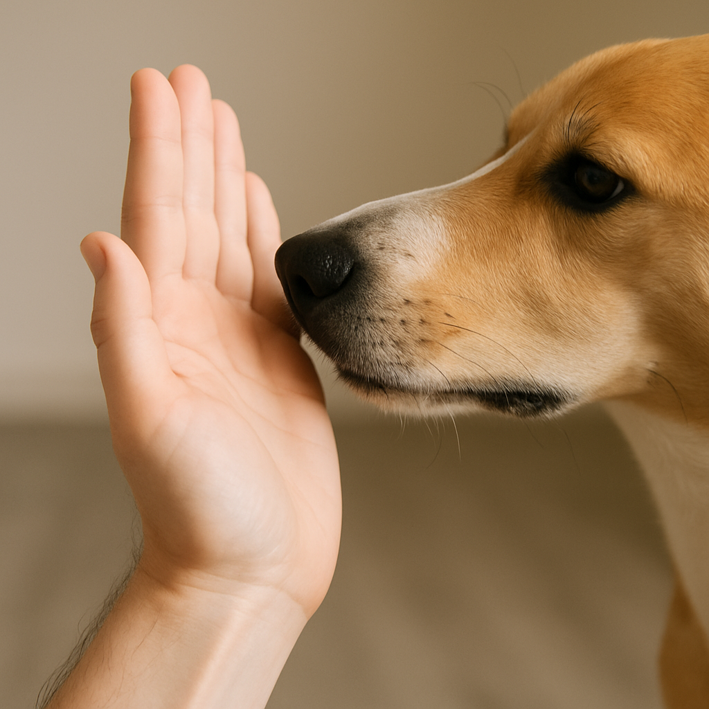 Close-up of a dog's nose touching an open palm during target training