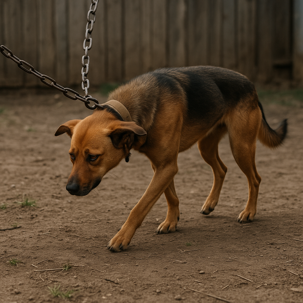 Chained dog displaying stress behaviors and restricted movement from continuous tethering