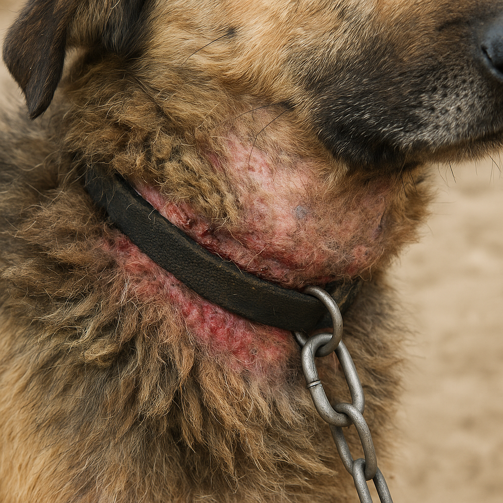 Physical injuries visible on a dog's neck from continuous tethering including collar-related damage and skin conditions