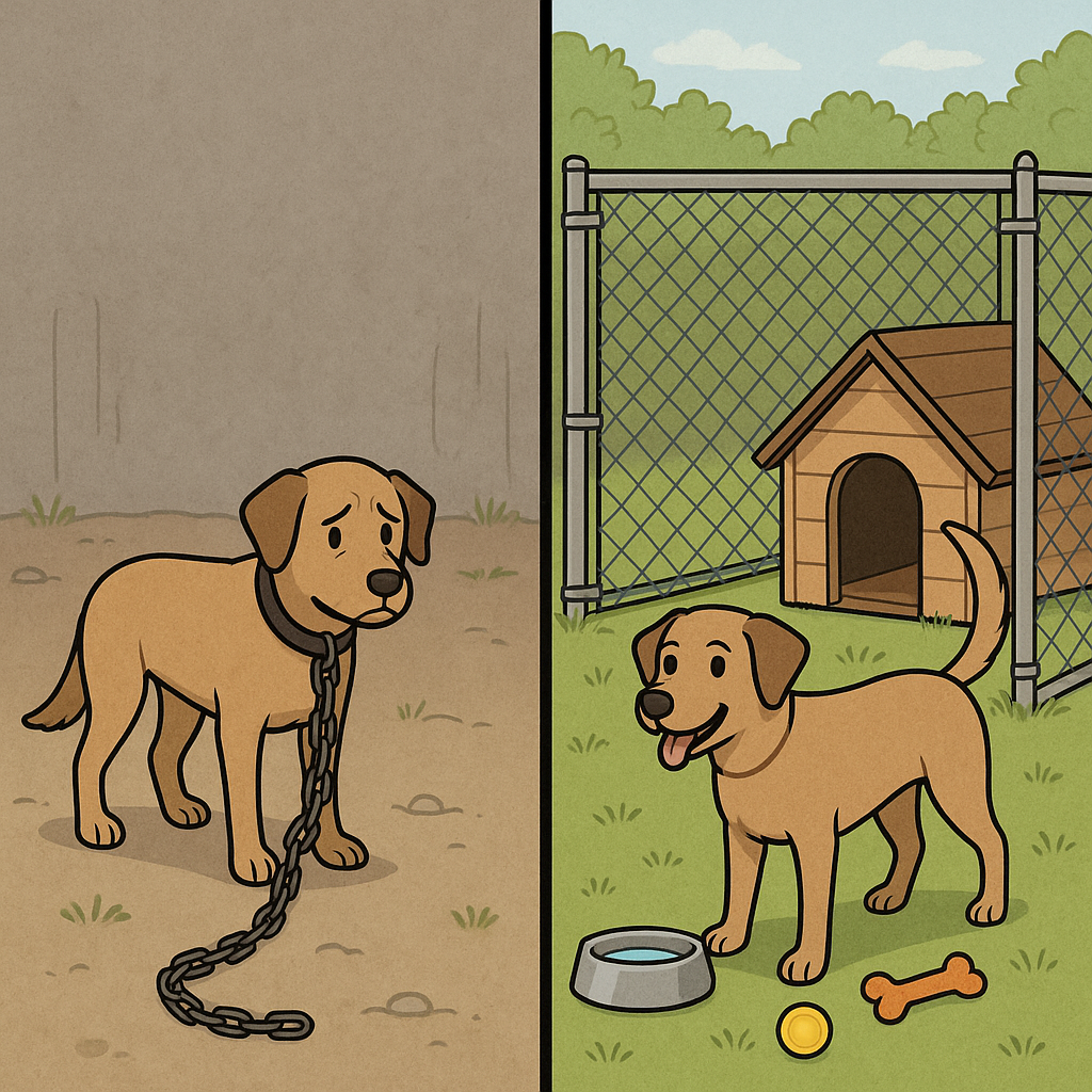 Comparison of continuous tethering versus proper outdoor dog run with adequate shelter and space